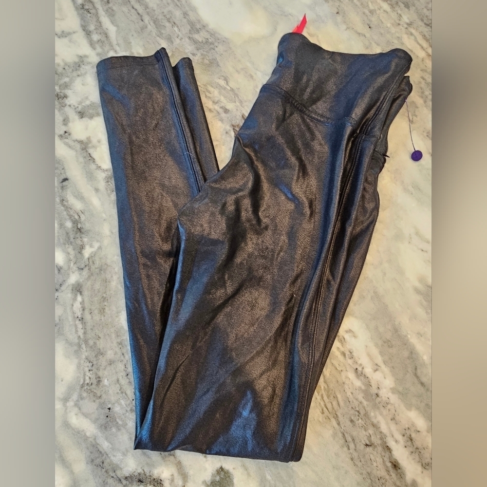 Spanx Faux Leather Leggings Petite M Black High Waist Shaping Pants